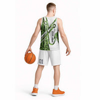 Custom Fishing Hook Basketball Jersey with Green Jungle Leaf Pattern and White Split Design - Wonder Print Shop