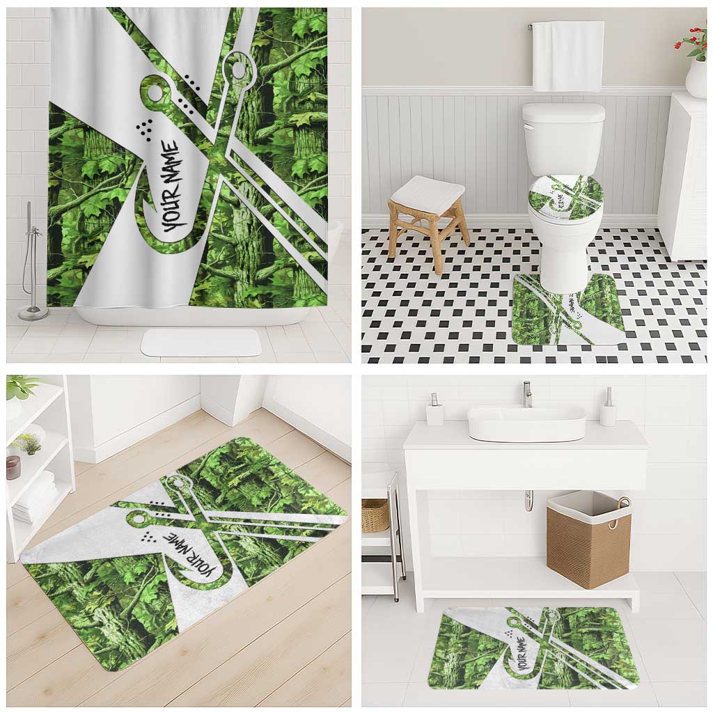 Custom Fishing Hook Bathroom Set with Green Jungle Leaf Pattern and White Split Design - Wonder Print Shop