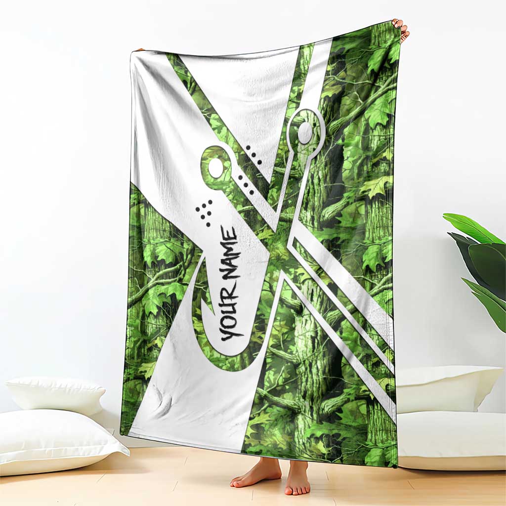 Custom Fishing Hook Blanket with Green Jungle Leaf Pattern and White Split Design - Wonder Print Shop