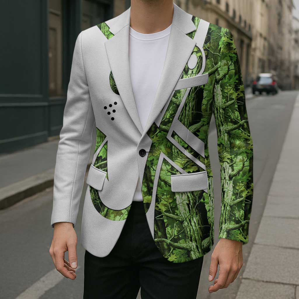 Custom Fishing Hook Blazer with Green Jungle Leaf Pattern and White Split Design - Wonder Print Shop