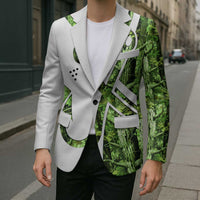 Custom Fishing Hook Blazer with Green Jungle Leaf Pattern and White Split Design - Wonder Print Shop