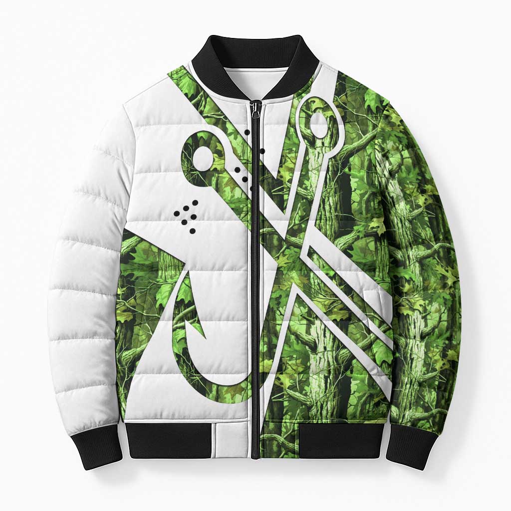 Custom Fishing Hook Bomber Puffer Jacket with Green Jungle Leaf Pattern and White Split Design - Wonder Print Shop