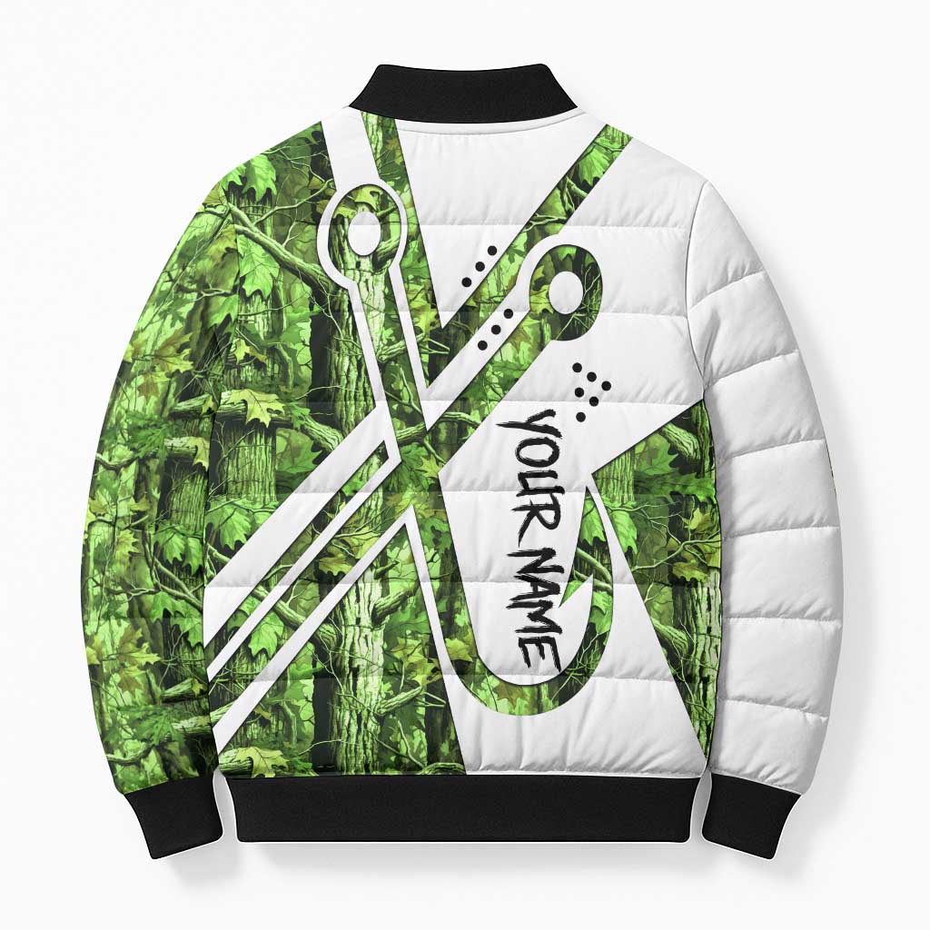 Custom Fishing Hook Bomber Puffer Jacket with Green Jungle Leaf Pattern and White Split Design - Wonder Print Shop