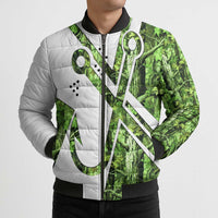 Custom Fishing Hook Bomber Puffer Jacket with Green Jungle Leaf Pattern and White Split Design - Wonder Print Shop