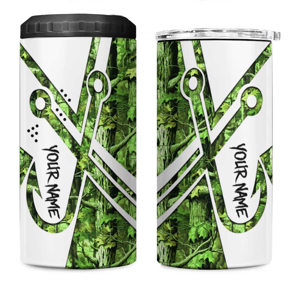 Custom Fishing Hook 4 in 1 Can Cooler Tumbler with Green Jungle Leaf Pattern and White Split Design - Wonder Print Shop