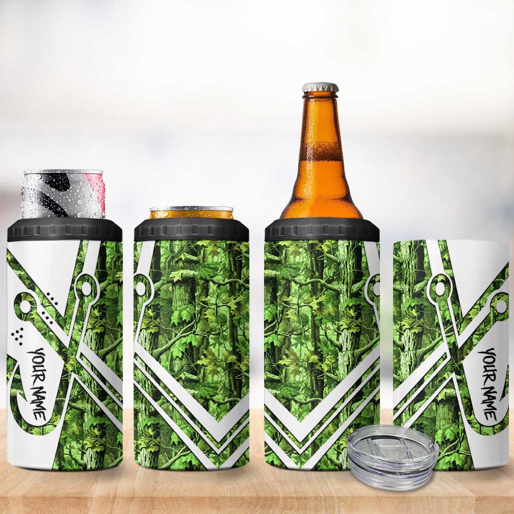 Custom Fishing Hook 4 in 1 Can Cooler Tumbler with Green Jungle Leaf Pattern and White Split Design - Wonder Print Shop