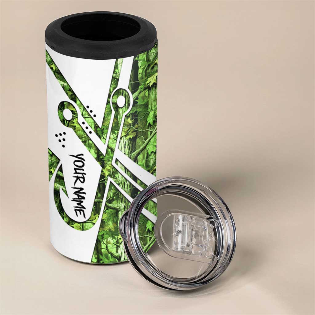 Custom Fishing Hook 4 in 1 Can Cooler Tumbler with Green Jungle Leaf Pattern and White Split Design - Wonder Print Shop