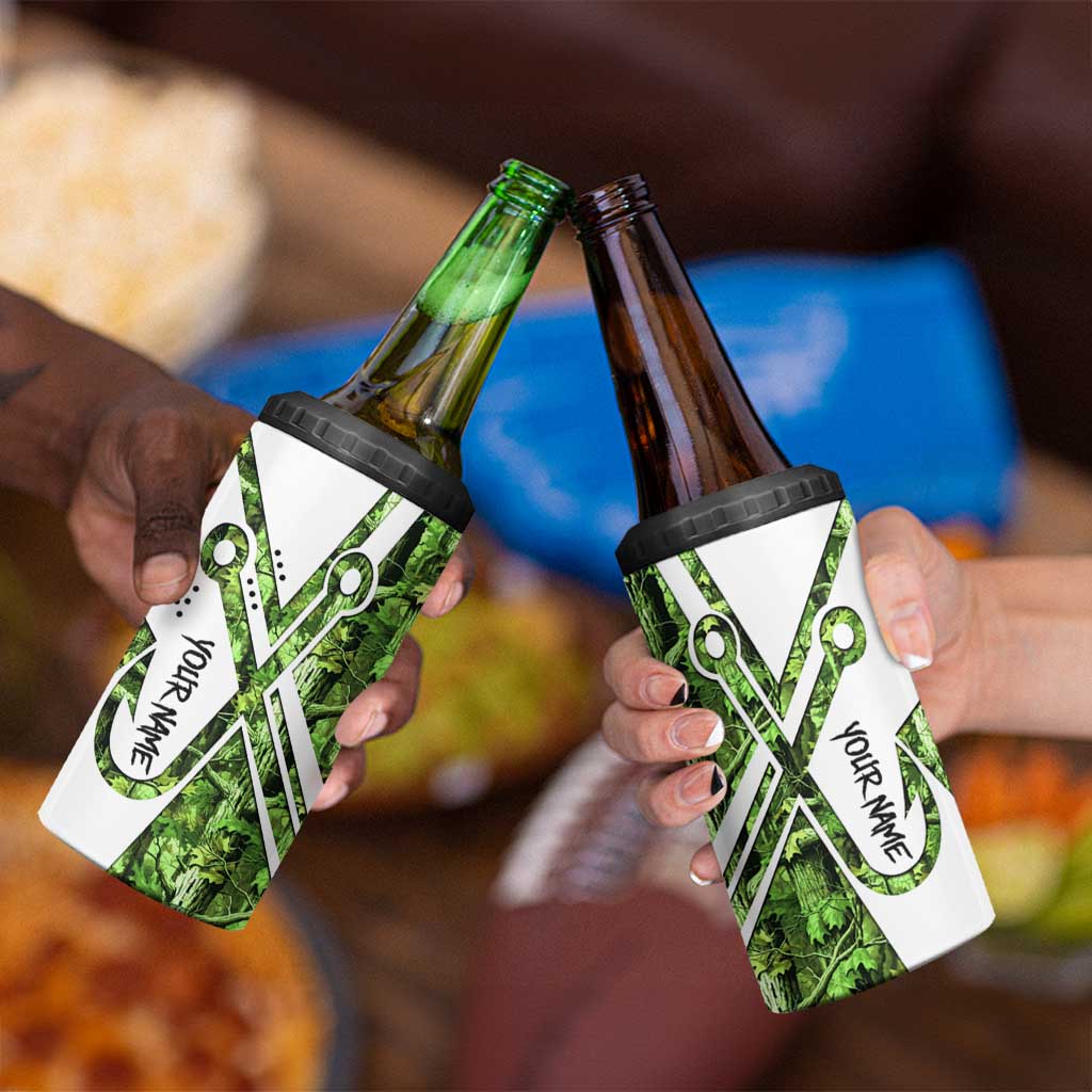 Custom Fishing Hook 4 in 1 Can Cooler Tumbler with Green Jungle Leaf Pattern and White Split Design - Wonder Print Shop