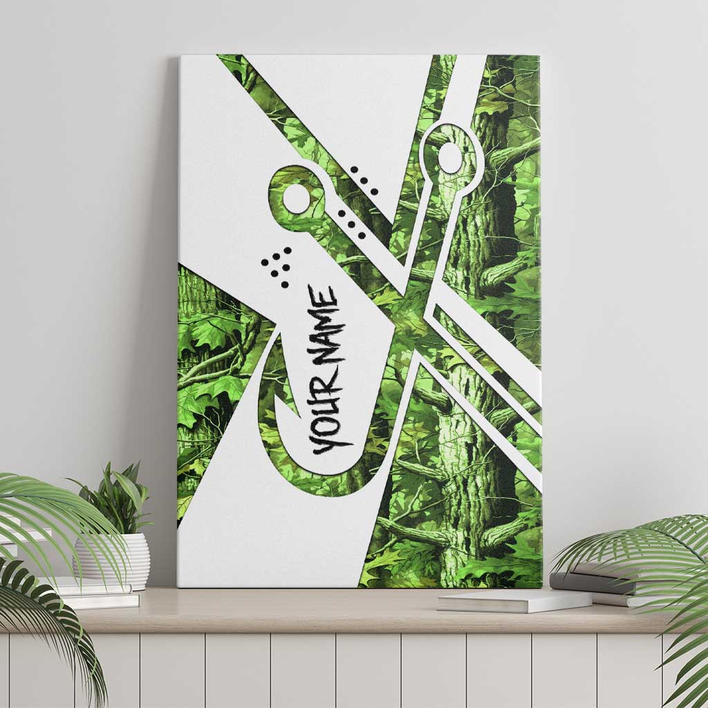 Custom Fishing Hook Canvas Wall Art with Green Jungle Leaf Pattern and White Split Design - Wonder Print Shop