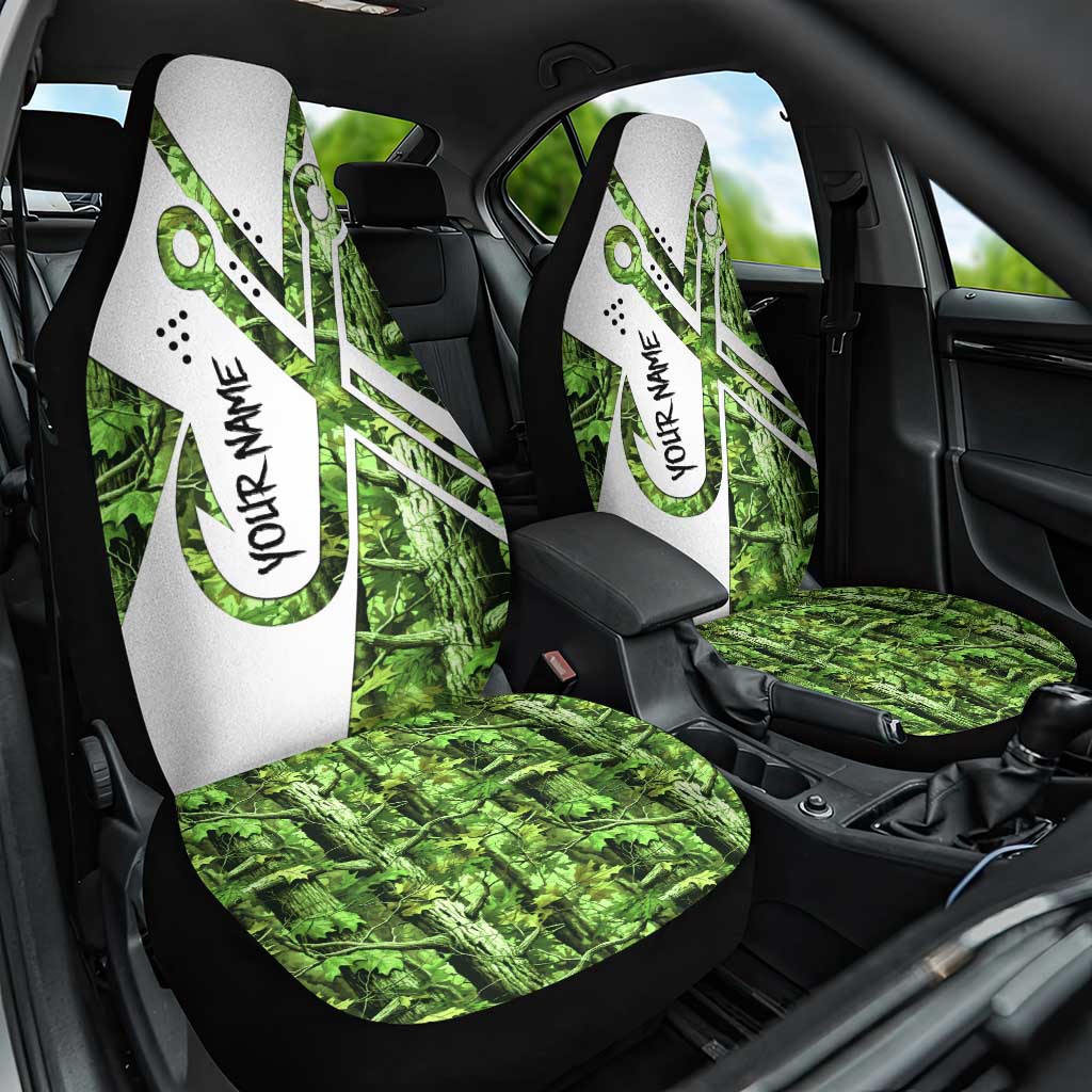 Custom Fishing Hook Car Seat Cover with Green Jungle Leaf Pattern and White Split Design - Wonder Print Shop
