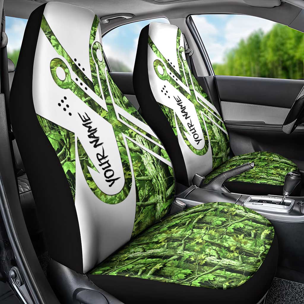 Custom Fishing Hook Car Seat Cover with Green Jungle Leaf Pattern and White Split Design - Wonder Print Shop