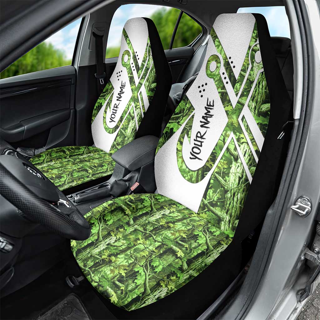 Custom Fishing Hook Car Seat Cover with Green Jungle Leaf Pattern and White Split Design - Wonder Print Shop