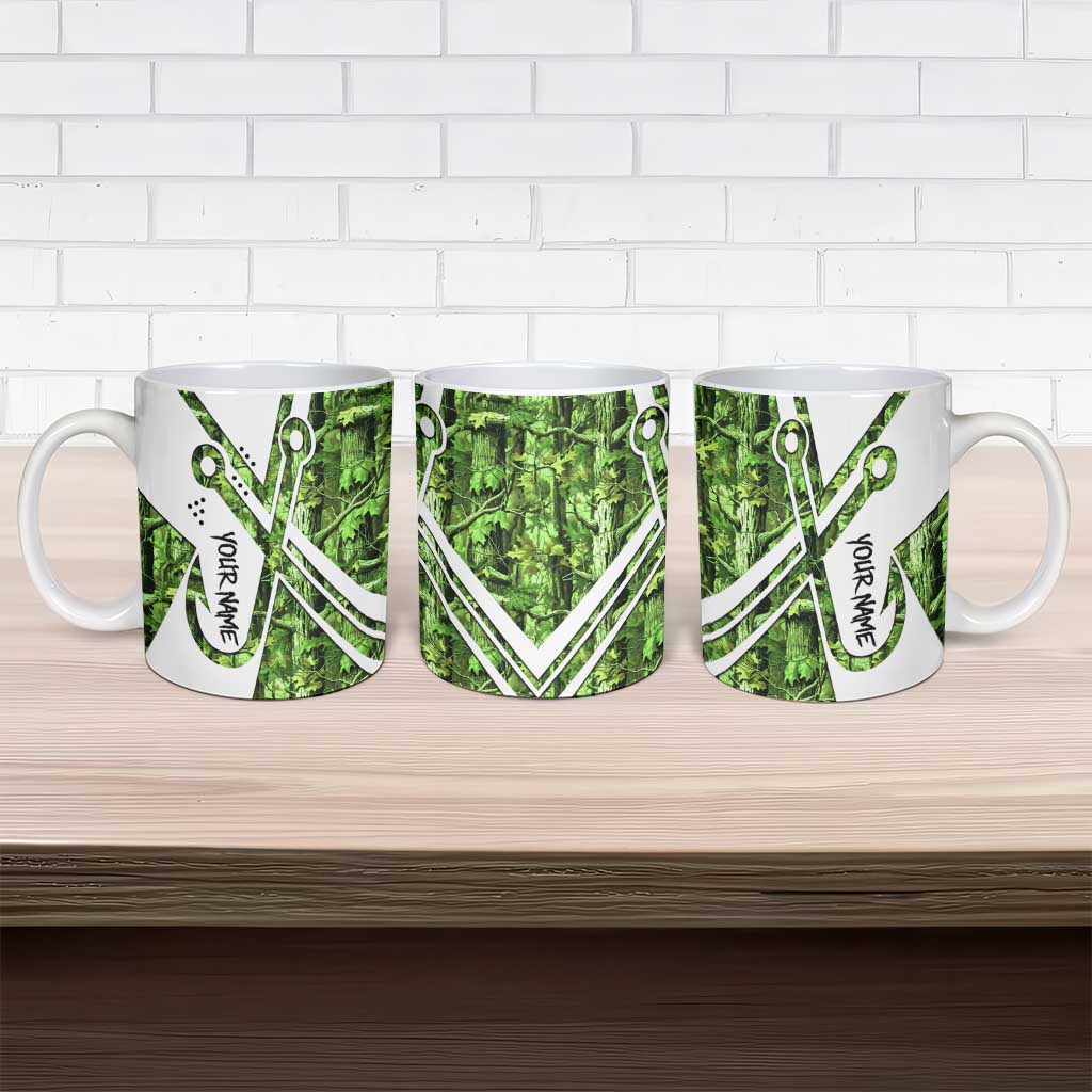 Custom Fishing Hook Ceramic Mug with Green Jungle Leaf Pattern and White Split Design - Wonder Print Shop