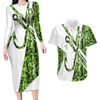 Custom Fishing Hook Couples Matching Long Sleeve Bodycon Dress and Hawaiian Shirt with Green Jungle Leaf Pattern and White Split Design - Wonder Print Shop