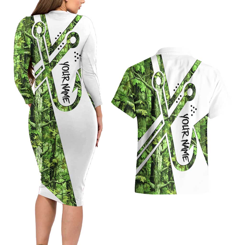 Custom Fishing Hook Couples Matching Long Sleeve Bodycon Dress and Hawaiian Shirt with Green Jungle Leaf Pattern and White Split Design - Wonder Print Shop