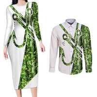 Custom Fishing Hook Couples Matching Long Sleeve Bodycon Dress and Long Sleeve Button Shirt with Green Jungle Leaf Pattern and White Split Design - Wonder Print Shop