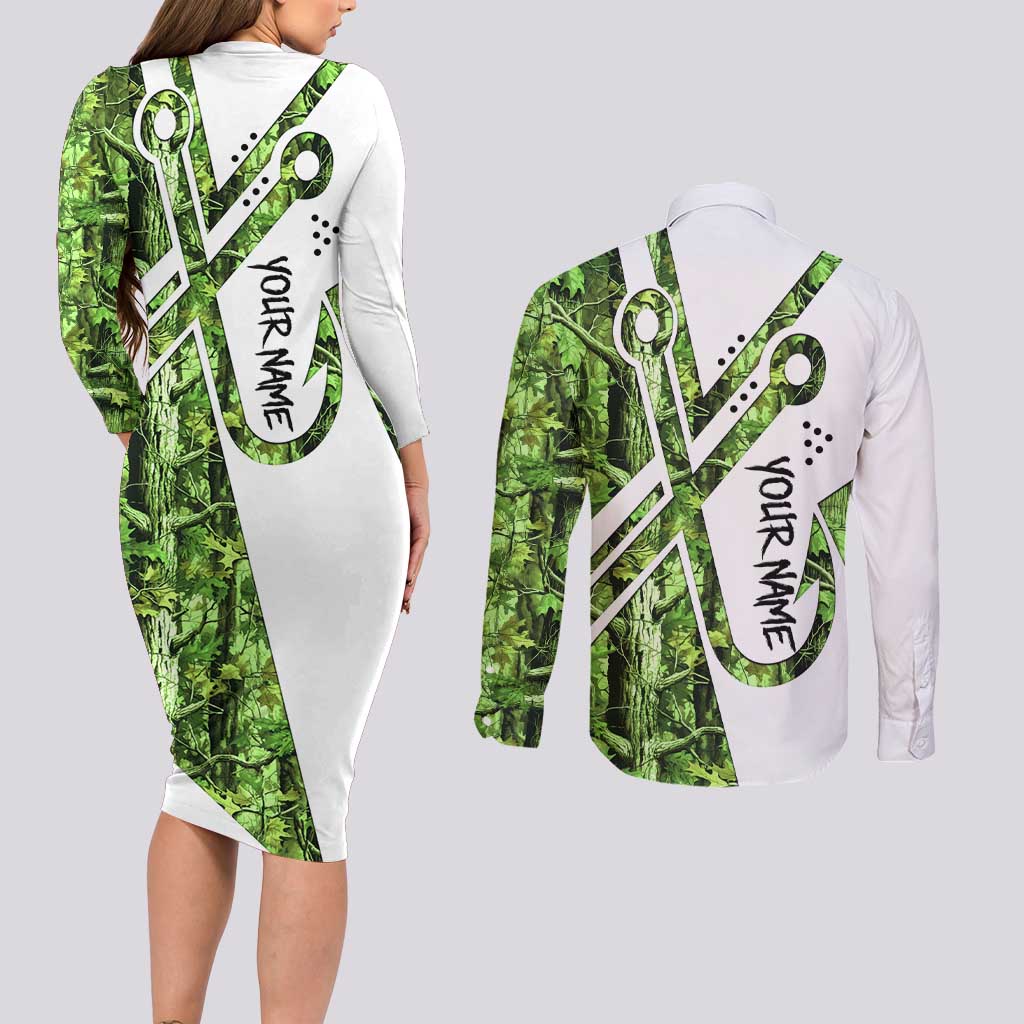 Custom Fishing Hook Couples Matching Long Sleeve Bodycon Dress and Long Sleeve Button Shirt with Green Jungle Leaf Pattern and White Split Design - Wonder Print Shop