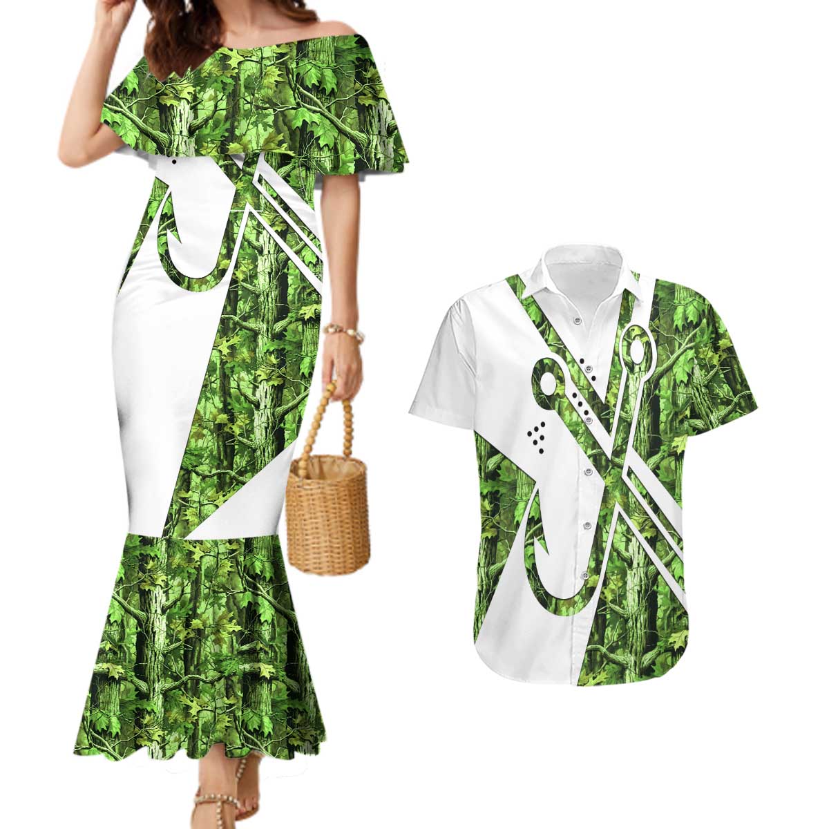 Custom Fishing Hook Couples Matching Mermaid Dress and Hawaiian Shirt with Green Jungle Leaf Pattern and White Split Design - Wonder Print Shop