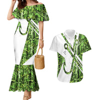 Custom Fishing Hook Couples Matching Mermaid Dress and Hawaiian Shirt with Green Jungle Leaf Pattern and White Split Design - Wonder Print Shop