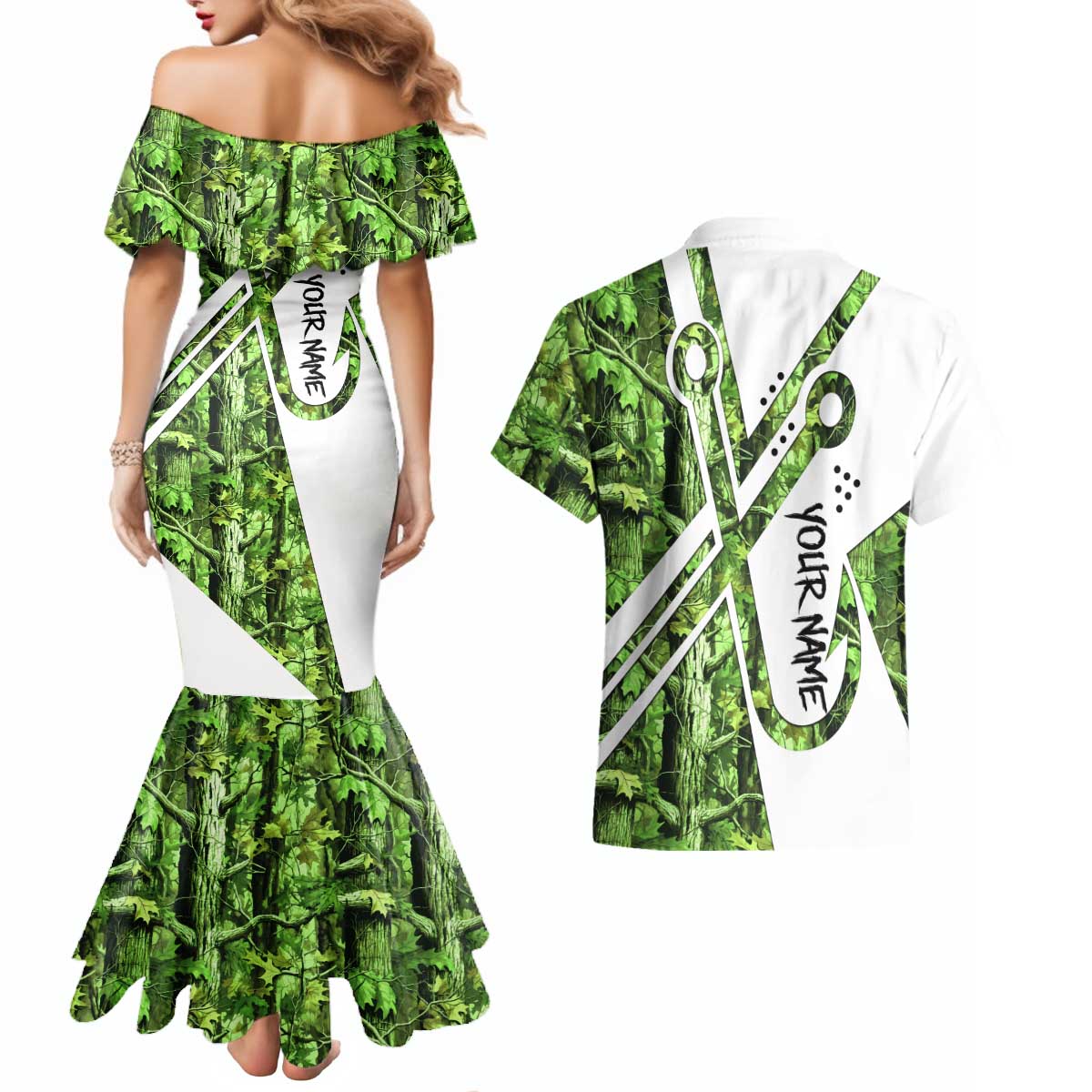 Custom Fishing Hook Couples Matching Mermaid Dress and Hawaiian Shirt with Green Jungle Leaf Pattern and White Split Design - Wonder Print Shop