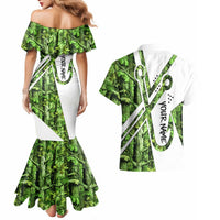 Custom Fishing Hook Couples Matching Mermaid Dress and Hawaiian Shirt with Green Jungle Leaf Pattern and White Split Design - Wonder Print Shop