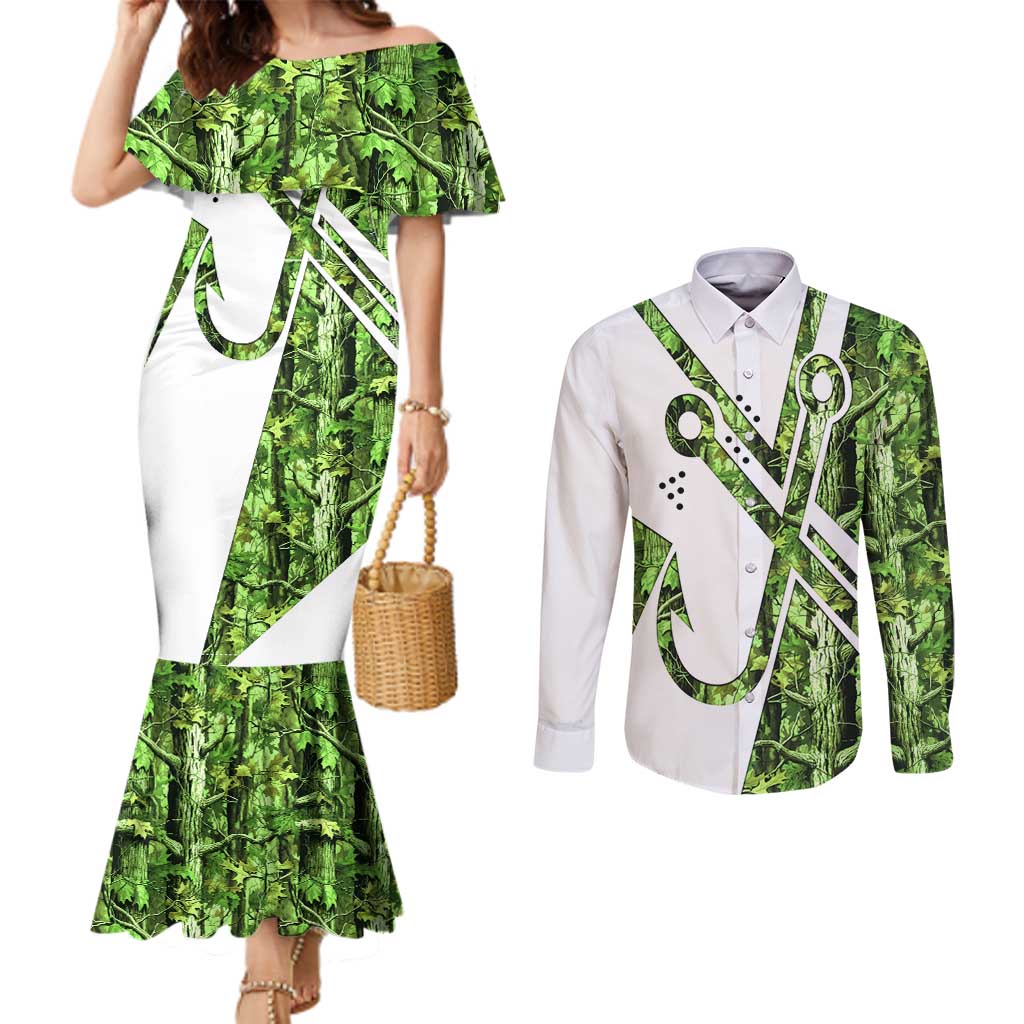 Custom Fishing Hook Couples Matching Mermaid Dress and Long Sleeve Button Shirt with Green Jungle Leaf Pattern and White Split Design - Wonder Print Shop