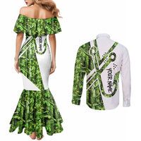 Custom Fishing Hook Couples Matching Mermaid Dress and Long Sleeve Button Shirt with Green Jungle Leaf Pattern and White Split Design - Wonder Print Shop