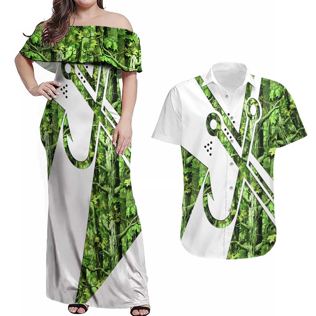 Custom Fishing Hook Couples Matching Off Shoulder Maxi Dress and Hawaiian Shirt with Green Jungle Leaf Pattern and White Split Design - Wonder Print Shop