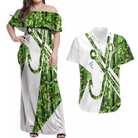 Custom Fishing Hook Couples Matching Off Shoulder Maxi Dress and Hawaiian Shirt with Green Jungle Leaf Pattern and White Split Design - Wonder Print Shop