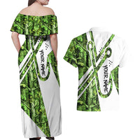 Custom Fishing Hook Couples Matching Off Shoulder Maxi Dress and Hawaiian Shirt with Green Jungle Leaf Pattern and White Split Design - Wonder Print Shop