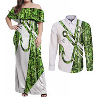 Custom Fishing Hook Couples Matching Off Shoulder Maxi Dress and Long Sleeve Button Shirt with Green Jungle Leaf Pattern and White Split Design - Wonder Print Shop