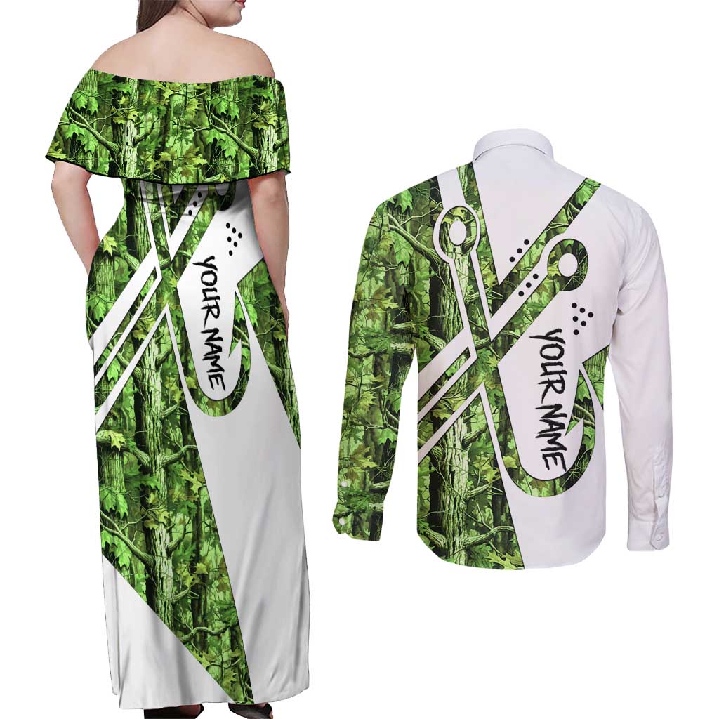Custom Fishing Hook Couples Matching Off Shoulder Maxi Dress and Long Sleeve Button Shirt with Green Jungle Leaf Pattern and White Split Design - Wonder Print Shop