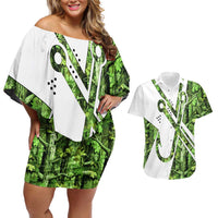 Custom Fishing Hook Couples Matching Off Shoulder Short Dress and Hawaiian Shirt with Green Jungle Leaf Pattern and White Split Design - Wonder Print Shop