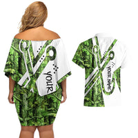 Custom Fishing Hook Couples Matching Off Shoulder Short Dress and Hawaiian Shirt with Green Jungle Leaf Pattern and White Split Design - Wonder Print Shop