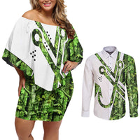 Custom Fishing Hook Couples Matching Off Shoulder Short Dress and Long Sleeve Button Shirt with Green Jungle Leaf Pattern and White Split Design - Wonder Print Shop