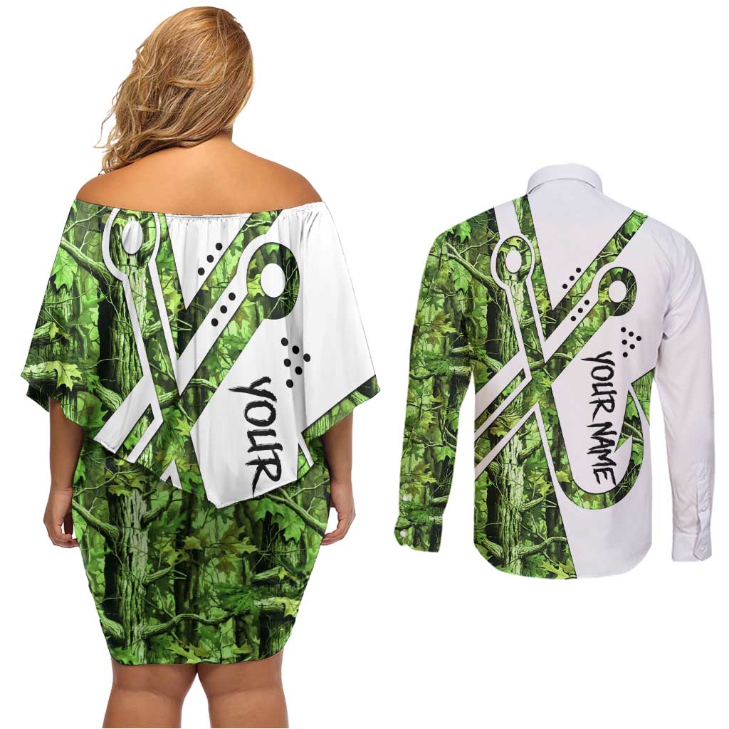 Custom Fishing Hook Couples Matching Off Shoulder Short Dress and Long Sleeve Button Shirt with Green Jungle Leaf Pattern and White Split Design - Wonder Print Shop