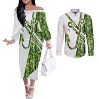 Custom Fishing Hook Couples Matching Off The Shoulder Long Sleeve Dress and Long Sleeve Button Shirt with Green Jungle Leaf Pattern and White Split Design - Wonder Print Shop