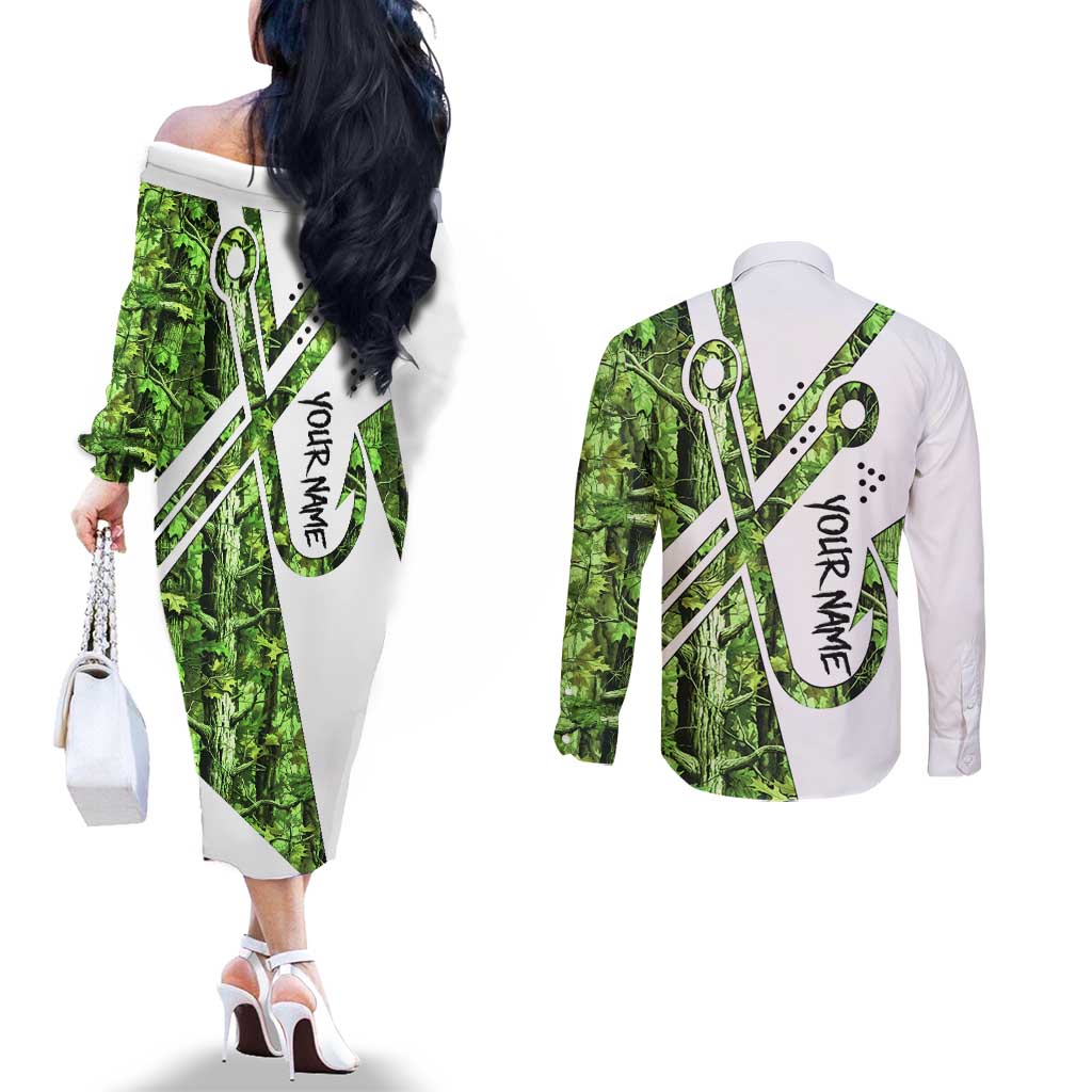 Custom Fishing Hook Couples Matching Off The Shoulder Long Sleeve Dress and Long Sleeve Button Shirt with Green Jungle Leaf Pattern and White Split Design - Wonder Print Shop
