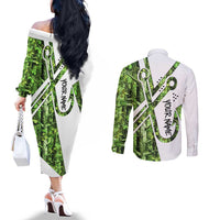 Custom Fishing Hook Couples Matching Off The Shoulder Long Sleeve Dress and Long Sleeve Button Shirt with Green Jungle Leaf Pattern and White Split Design - Wonder Print Shop