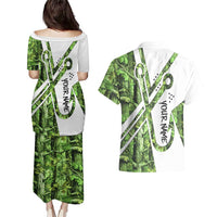 Custom Fishing Hook Couples Matching Puletasi and Hawaiian Shirt with Green Jungle Leaf Pattern and White Split Design - Wonder Print Shop