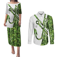 Custom Fishing Hook Couples Matching Puletasi and Long Sleeve Button Shirt with Green Jungle Leaf Pattern and White Split Design - Wonder Print Shop
