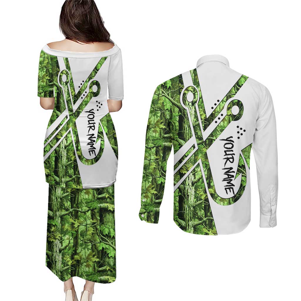 Custom Fishing Hook Couples Matching Puletasi and Long Sleeve Button Shirt with Green Jungle Leaf Pattern and White Split Design - Wonder Print Shop