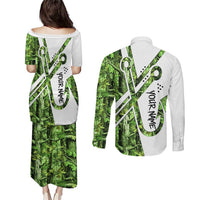 Custom Fishing Hook Couples Matching Puletasi and Long Sleeve Button Shirt with Green Jungle Leaf Pattern and White Split Design - Wonder Print Shop
