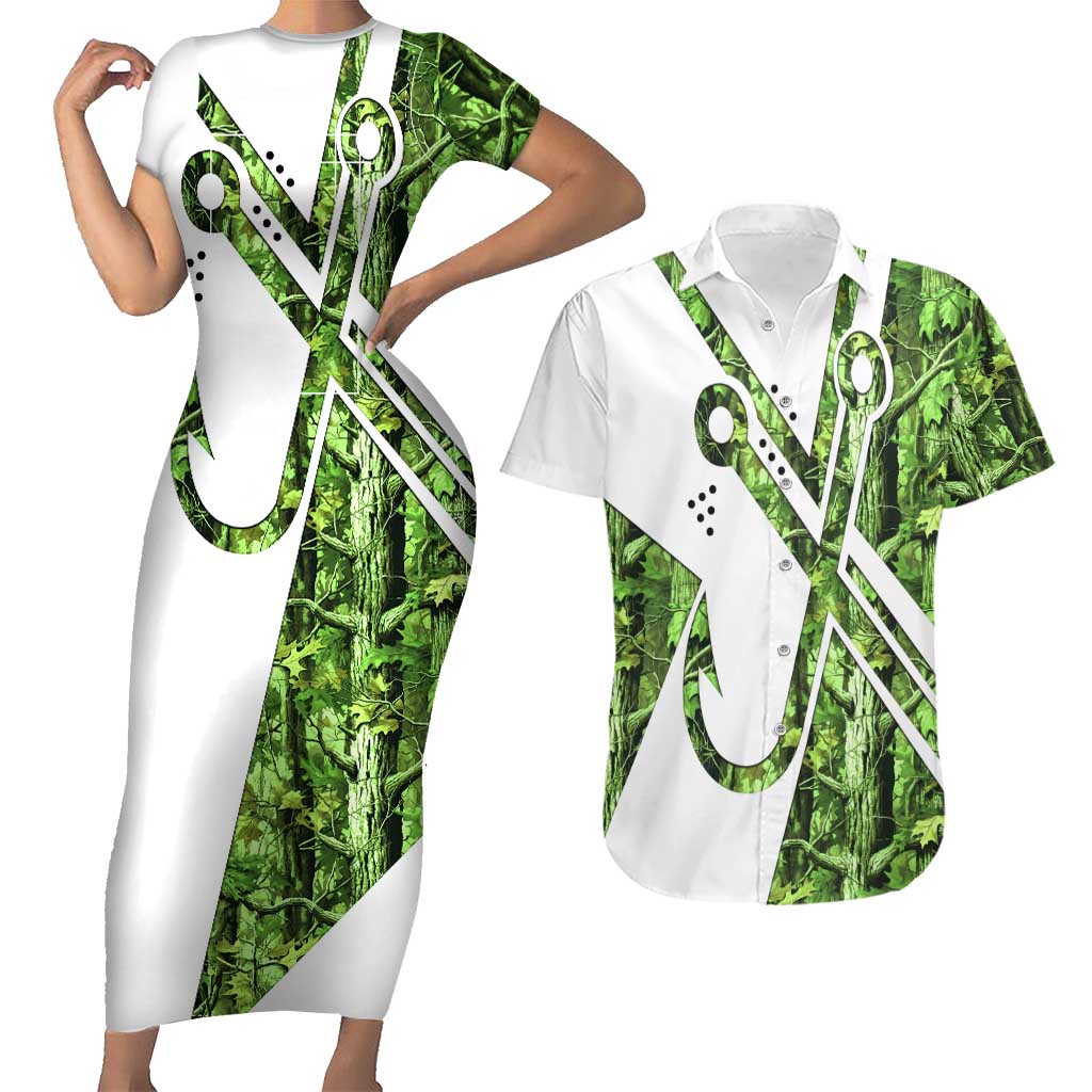 Custom Fishing Hook Couples Matching Short Sleeve Bodycon Dress and Hawaiian Shirt with Green Jungle Leaf Pattern and White Split Design - Wonder Print Shop