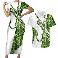 Custom Fishing Hook Couples Matching Short Sleeve Bodycon Dress and Hawaiian Shirt with Green Jungle Leaf Pattern and White Split Design - Wonder Print Shop