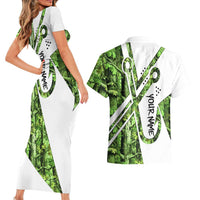 Custom Fishing Hook Couples Matching Short Sleeve Bodycon Dress and Hawaiian Shirt with Green Jungle Leaf Pattern and White Split Design - Wonder Print Shop