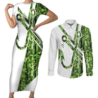 Custom Fishing Hook Couples Matching Short Sleeve Bodycon Dress and Long Sleeve Button Shirt with Green Jungle Leaf Pattern and White Split Design - Wonder Print Shop