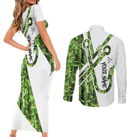 Custom Fishing Hook Couples Matching Short Sleeve Bodycon Dress and Long Sleeve Button Shirt with Green Jungle Leaf Pattern and White Split Design - Wonder Print Shop