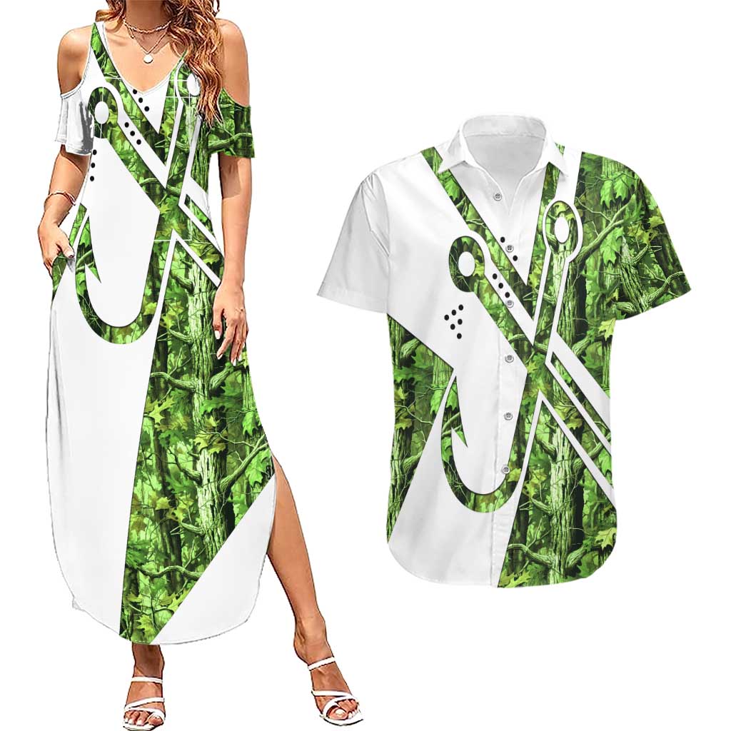 Custom Fishing Hook Couples Matching Summer Maxi Dress and Hawaiian Shirt with Green Jungle Leaf Pattern and White Split Design - Wonder Print Shop