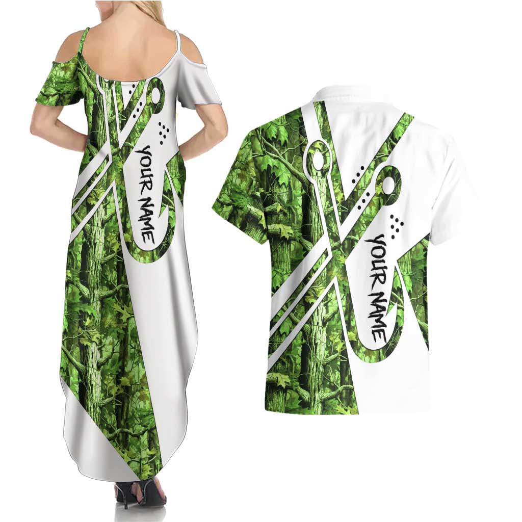 Custom Fishing Hook Couples Matching Summer Maxi Dress and Hawaiian Shirt with Green Jungle Leaf Pattern and White Split Design - Wonder Print Shop